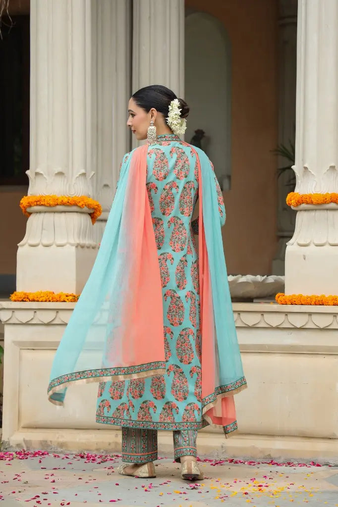Mint Green Floral Printed Anarkali Suit Set with Peach Dupatta – Elegant Ethnic Festive Wear for Women