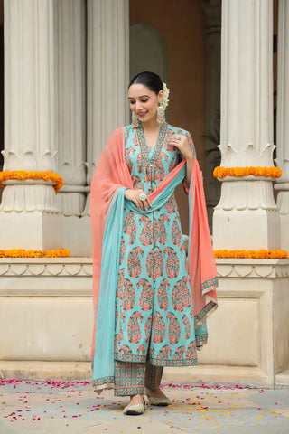 Mint Green Floral Printed Anarkali Suit Set with Peach Dupatta – Elegant Ethnic Festive Wear for Women