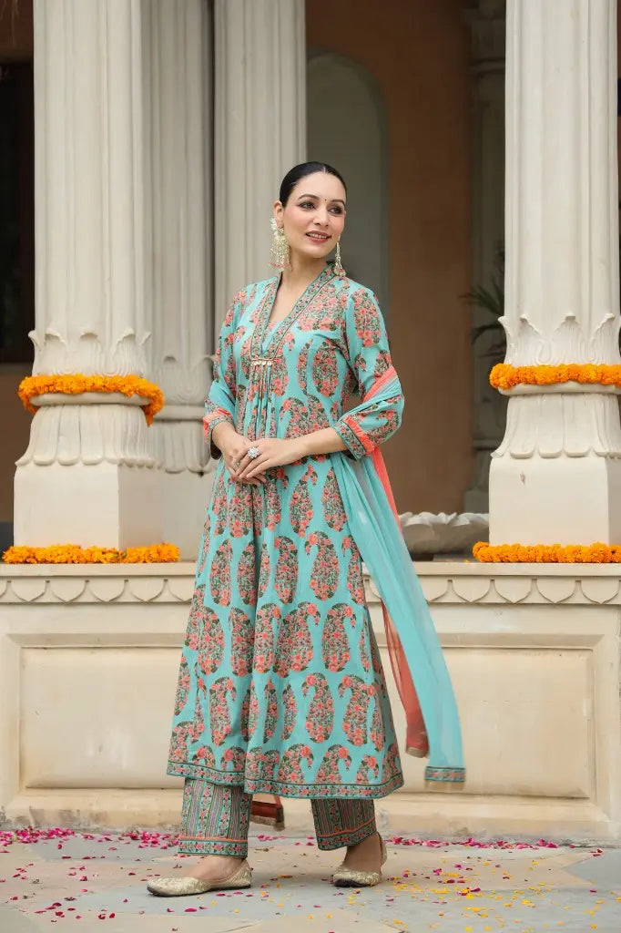 Mint Green Floral Printed Anarkali Suit Set with Peach Dupatta – Elegant Ethnic Festive Wear for Women