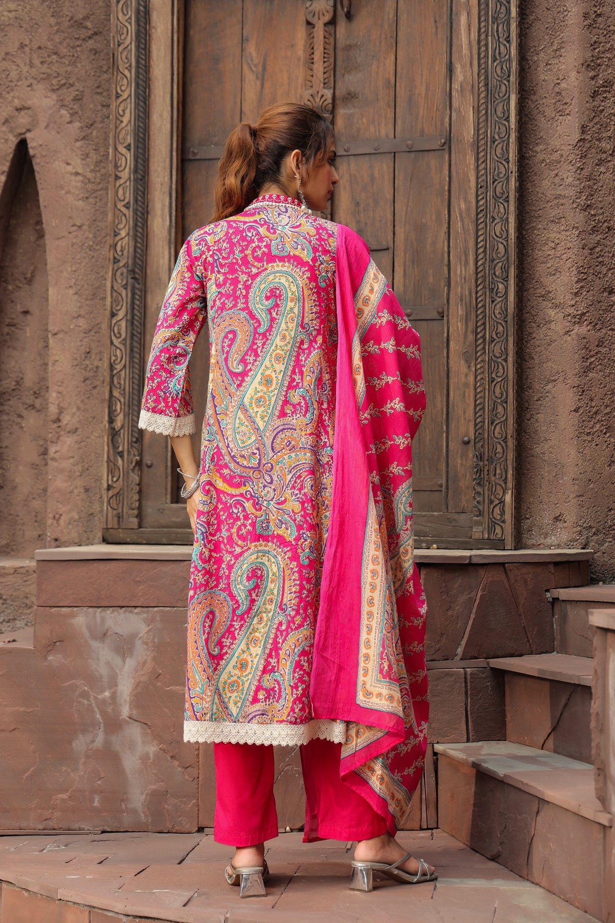 Pink Paisley Printed Ethnic Suit Set with Dupatta – Designer Festive Wear for Women
