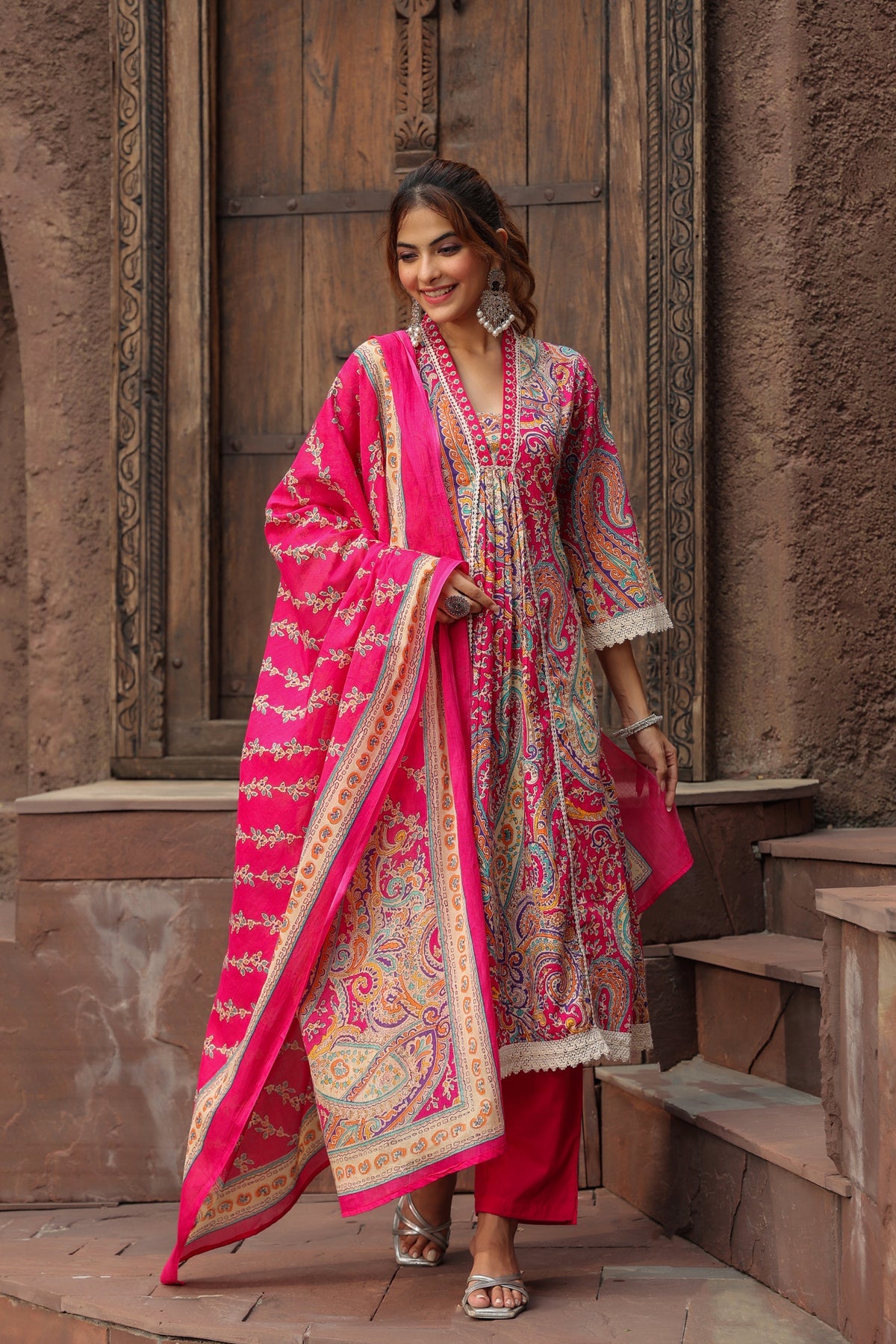 Pink Paisley Printed Ethnic Suit Set with Dupatta – Designer Festive Wear for Women