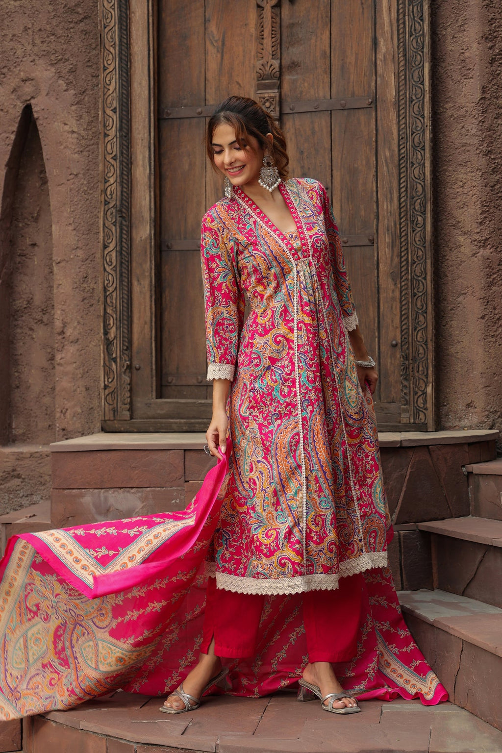 Pink Paisley Printed Ethnic Suit Set with Dupatta – Designer Festive Wear for Women