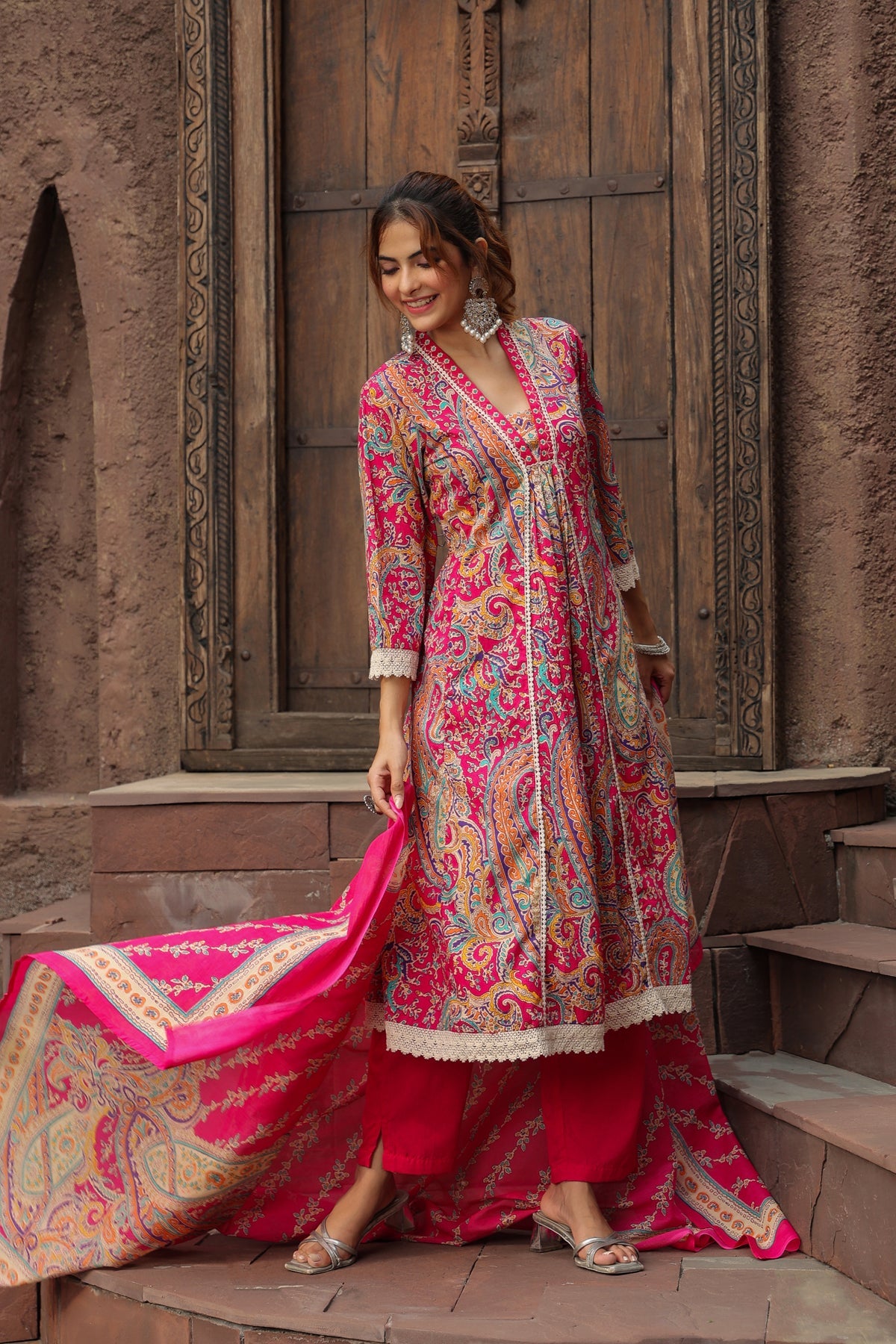 Pink Paisley Printed Ethnic Suit Set with Dupatta – Designer Festive Wear for Women