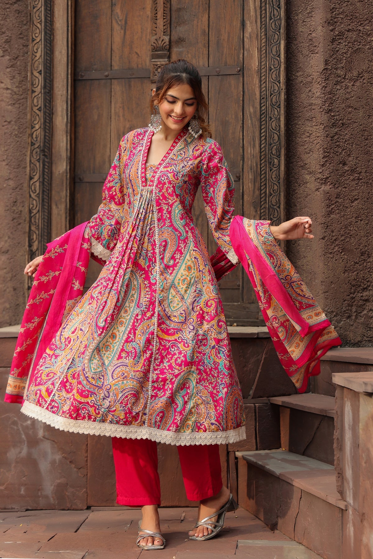Pink Paisley Printed Ethnic Suit Set with Dupatta – Designer Festive Wear for Women