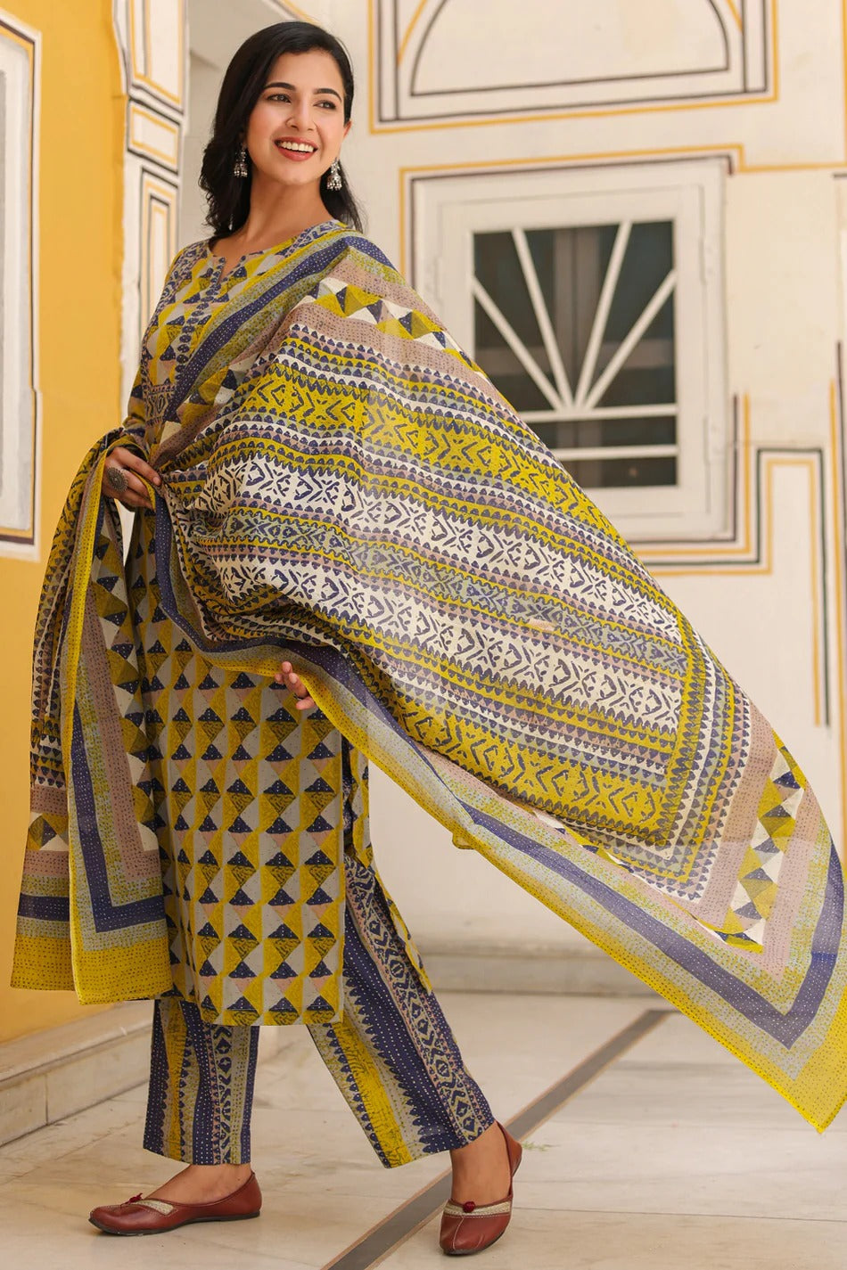 Mustard Yellow Geometric Printed Kurta Set with Dupatta – Stylish Ethnic Wear for Women