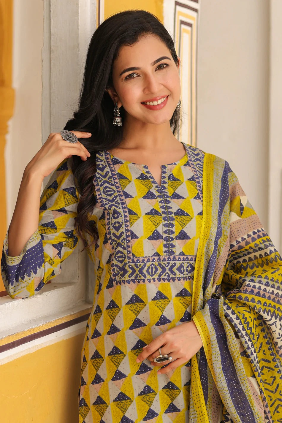 Mustard Yellow Geometric Printed Kurta Set with Dupatta – Stylish Ethnic Wear for Women