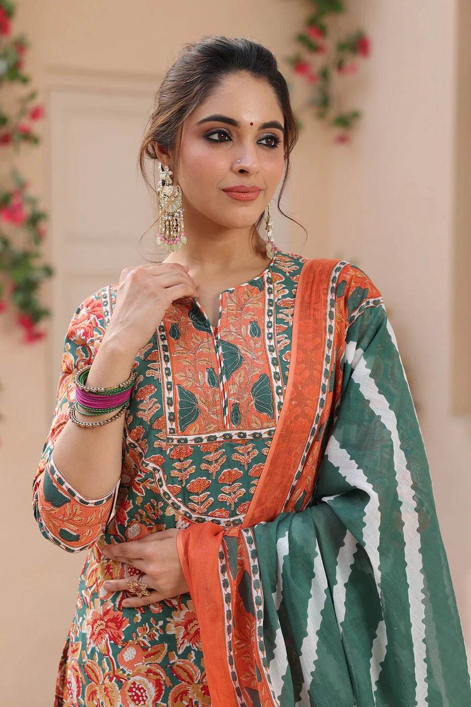Rust Orange Floral Printed Kurta Set with Green Dupatta – Elegant Ethnic Festive Wear for Women