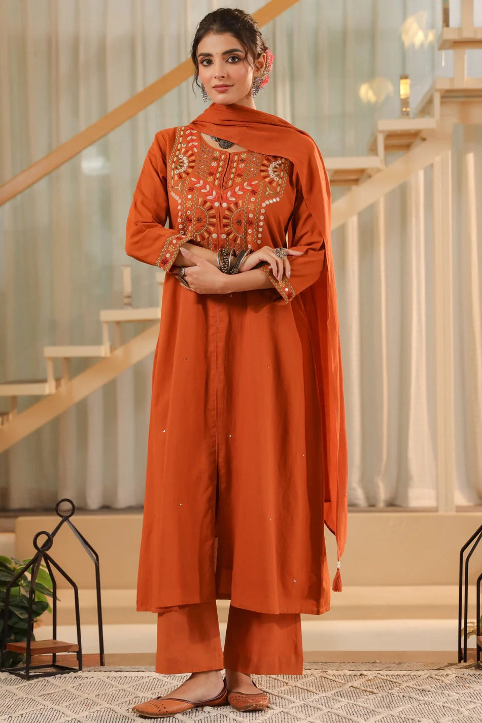 Burnt Orange Embroidered Kurta Set with Dupatta – Elegant Festive Ethnic Wear for Women