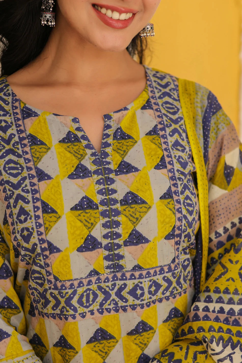 Mustard Yellow Geometric Printed Kurta Set with Dupatta – Stylish Ethnic Wear for Women
