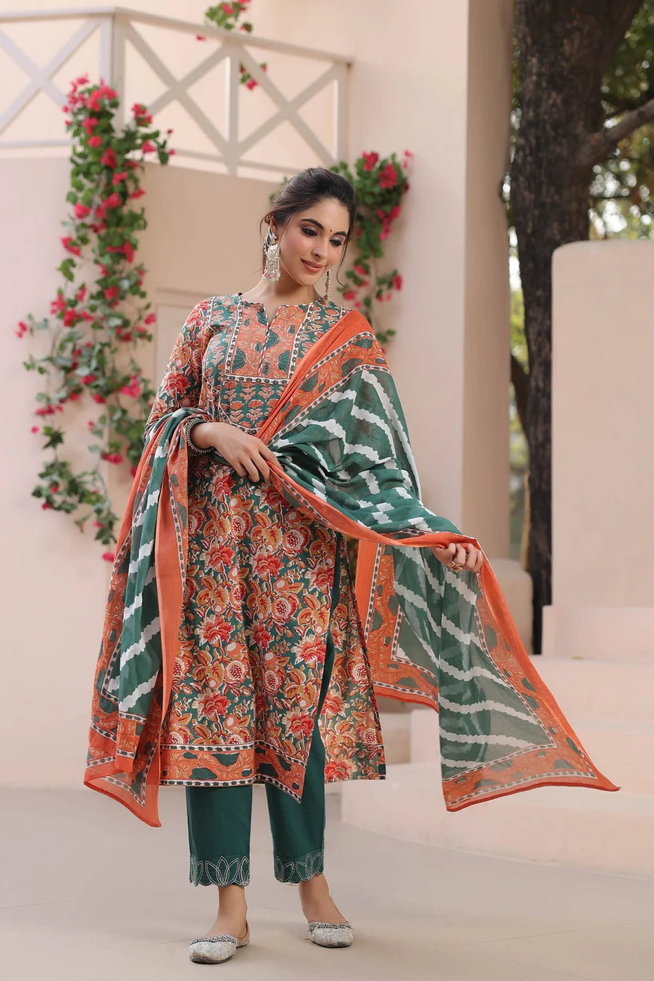 Rust Orange Floral Printed Kurta Set with Green Dupatta – Elegant Ethnic Festive Wear for Women