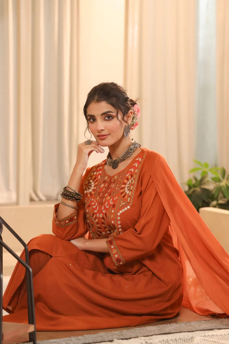Burnt Orange Embroidered Kurta Set with Dupatta – Elegant Festive Ethnic Wear for Women
