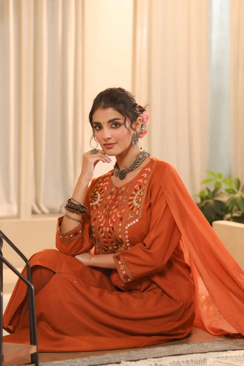 Burnt Orange Embroidered Kurta Set with Dupatta – Elegant Festive Ethnic Wear for Women