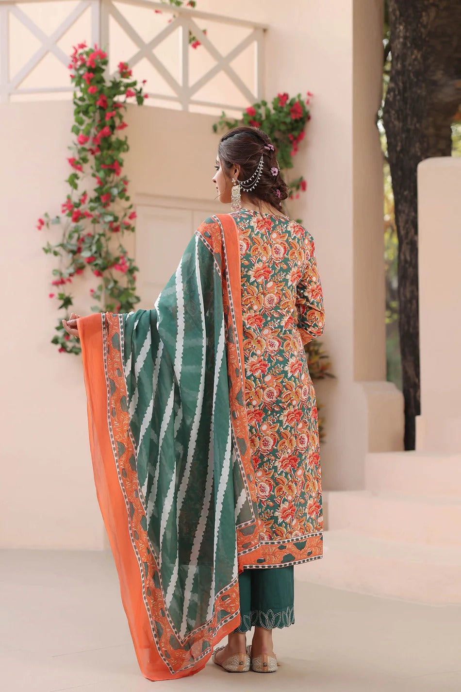 Rust Orange Floral Printed Kurta Set with Green Dupatta – Elegant Ethnic Festive Wear for Women