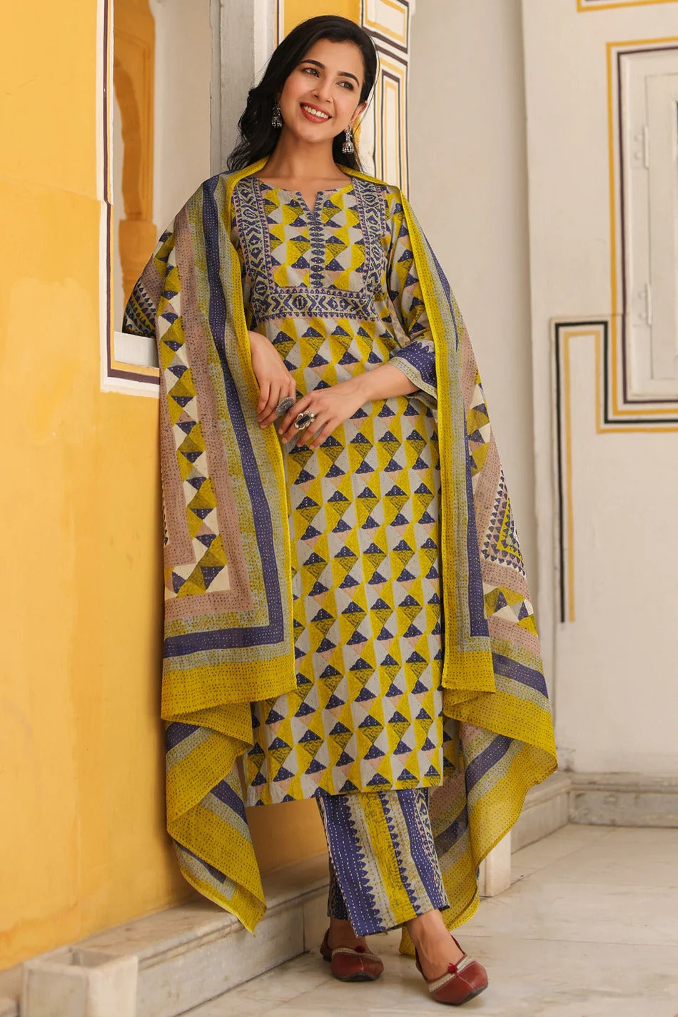 Mustard Yellow Geometric Printed Kurta Set with Dupatta – Stylish Ethnic Wear for Women