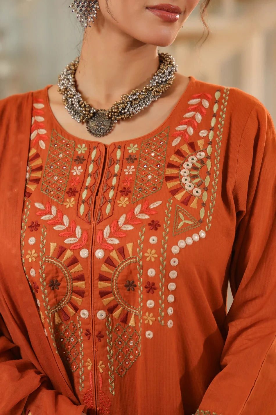 Burnt Orange Embroidered Kurta Set with Dupatta – Elegant Festive Ethnic Wear for Women