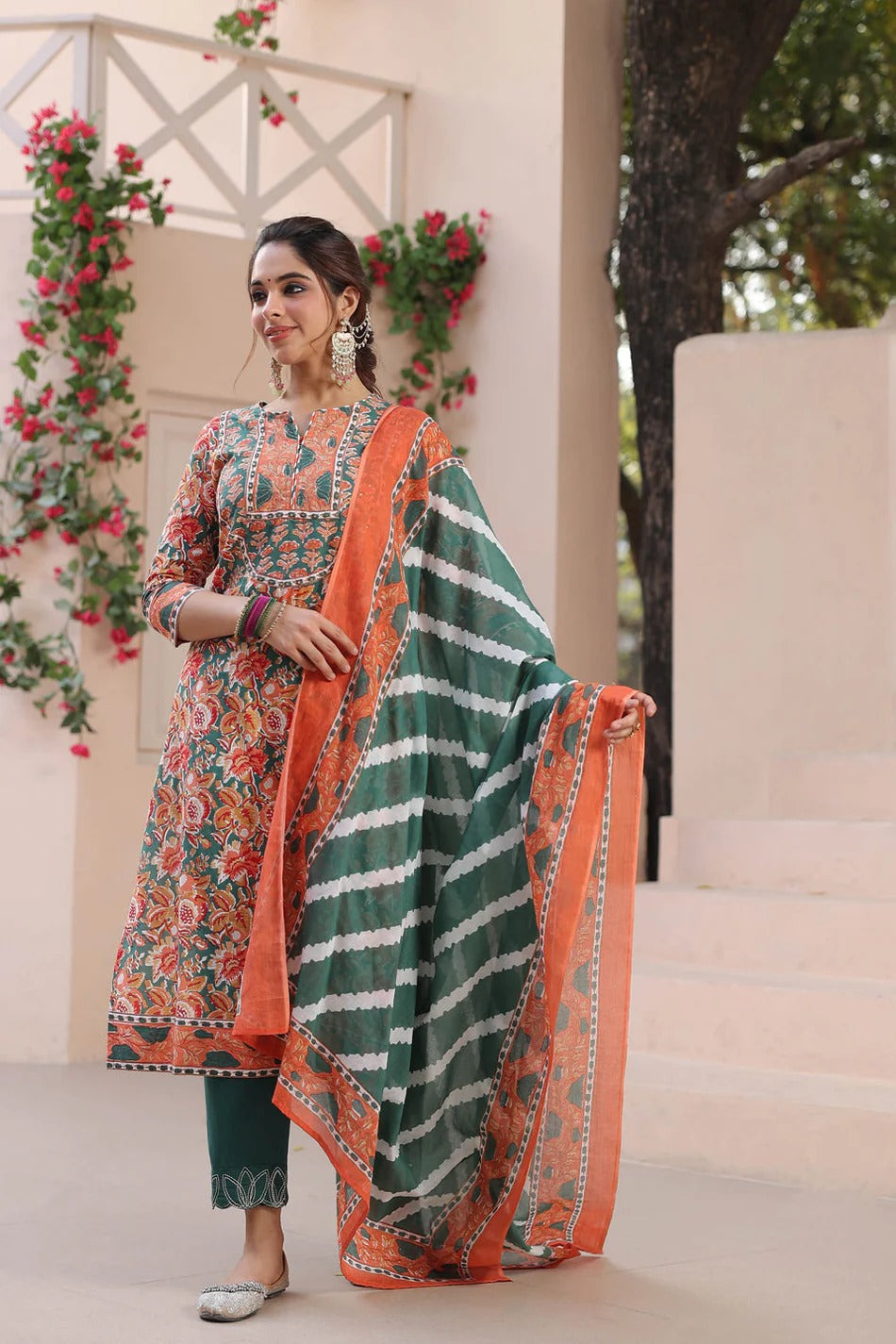 Rust Orange Floral Printed Kurta Set with Green Dupatta – Elegant Ethnic Festive Wear for Women