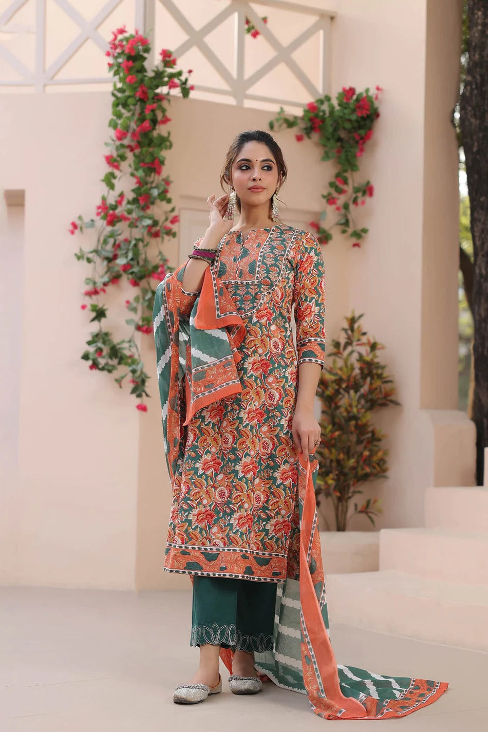 Rust Orange Floral Printed Kurta Set with Green Dupatta – Elegant Ethnic Festive Wear for Women