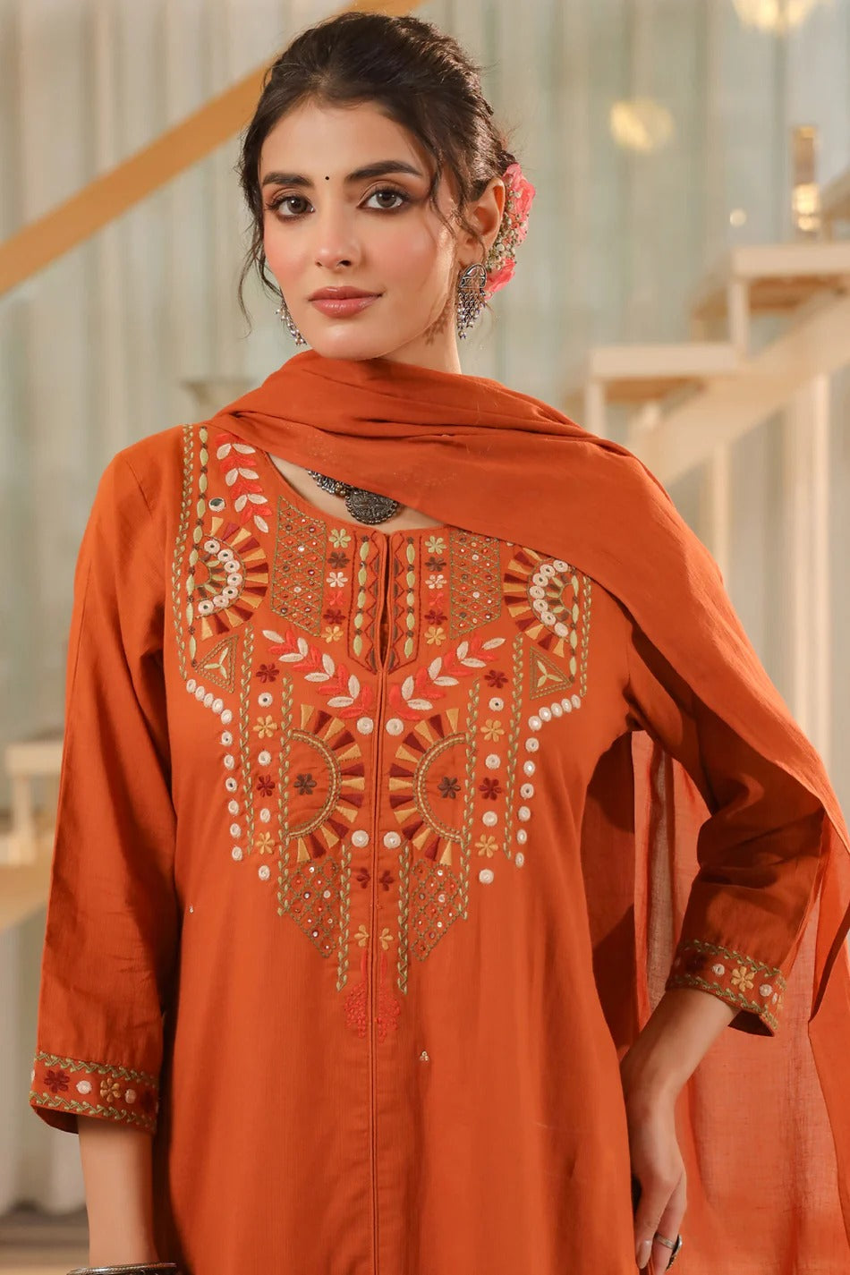 Burnt Orange Embroidered Kurta Set with Dupatta – Elegant Festive Ethnic Wear for Women