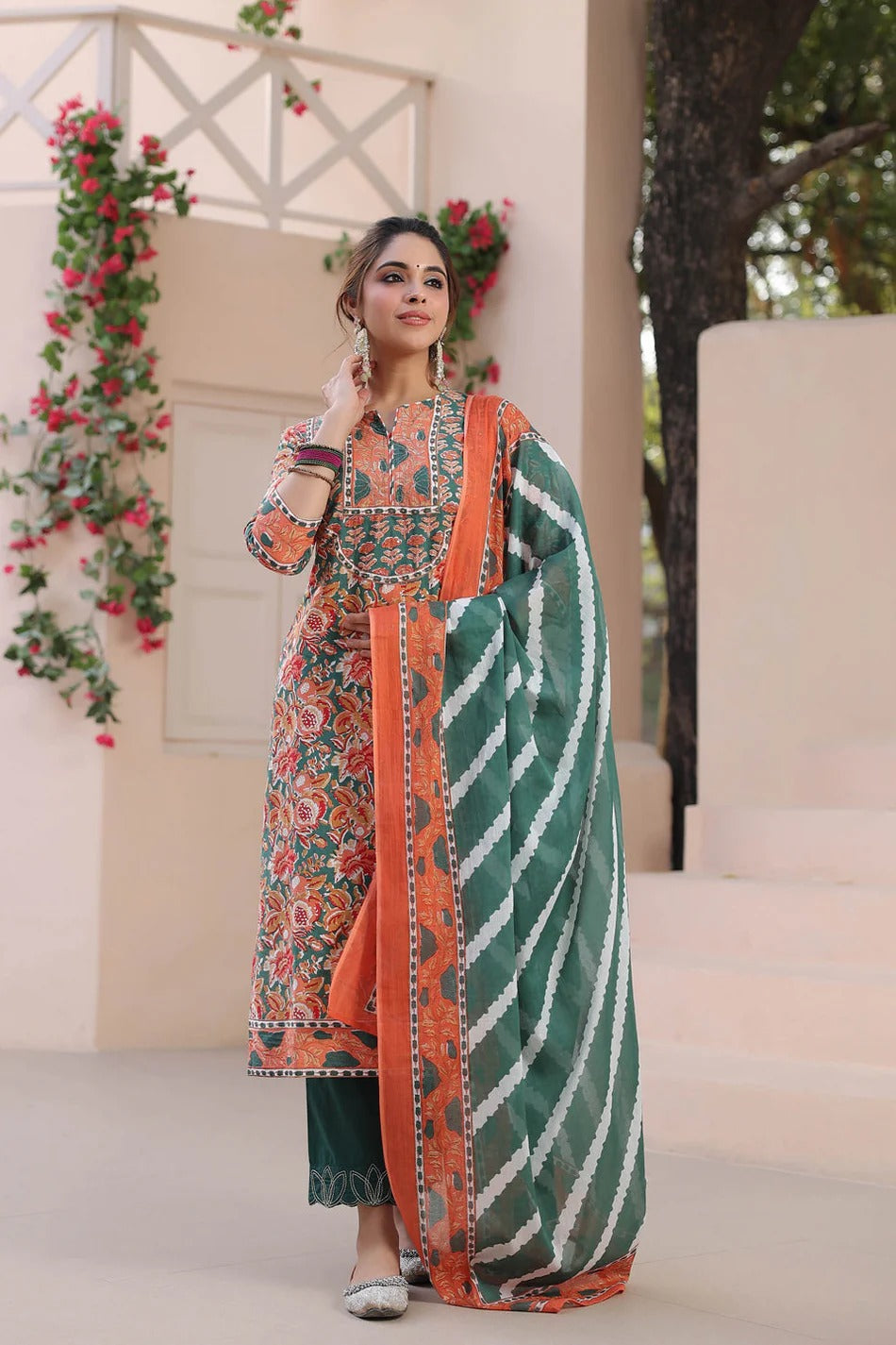 Rust Orange Floral Printed Kurta Set with Green Dupatta – Elegant Ethnic Festive Wear for Women