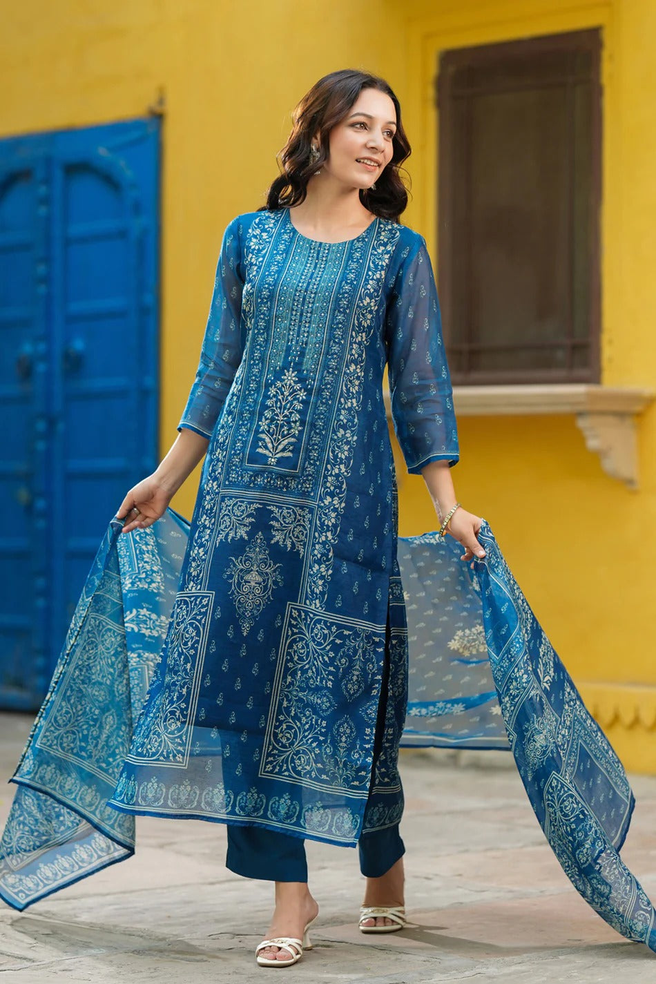 Royal Blue Traditional Printed Kurta Set with Dupatta – Elegant Ethnic Wear for Women