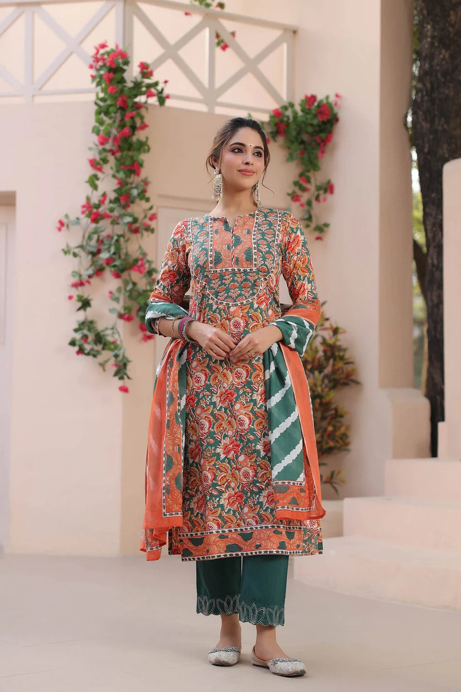 Rust Orange Floral Printed Kurta Set with Green Dupatta – Elegant Ethnic Festive Wear for Women