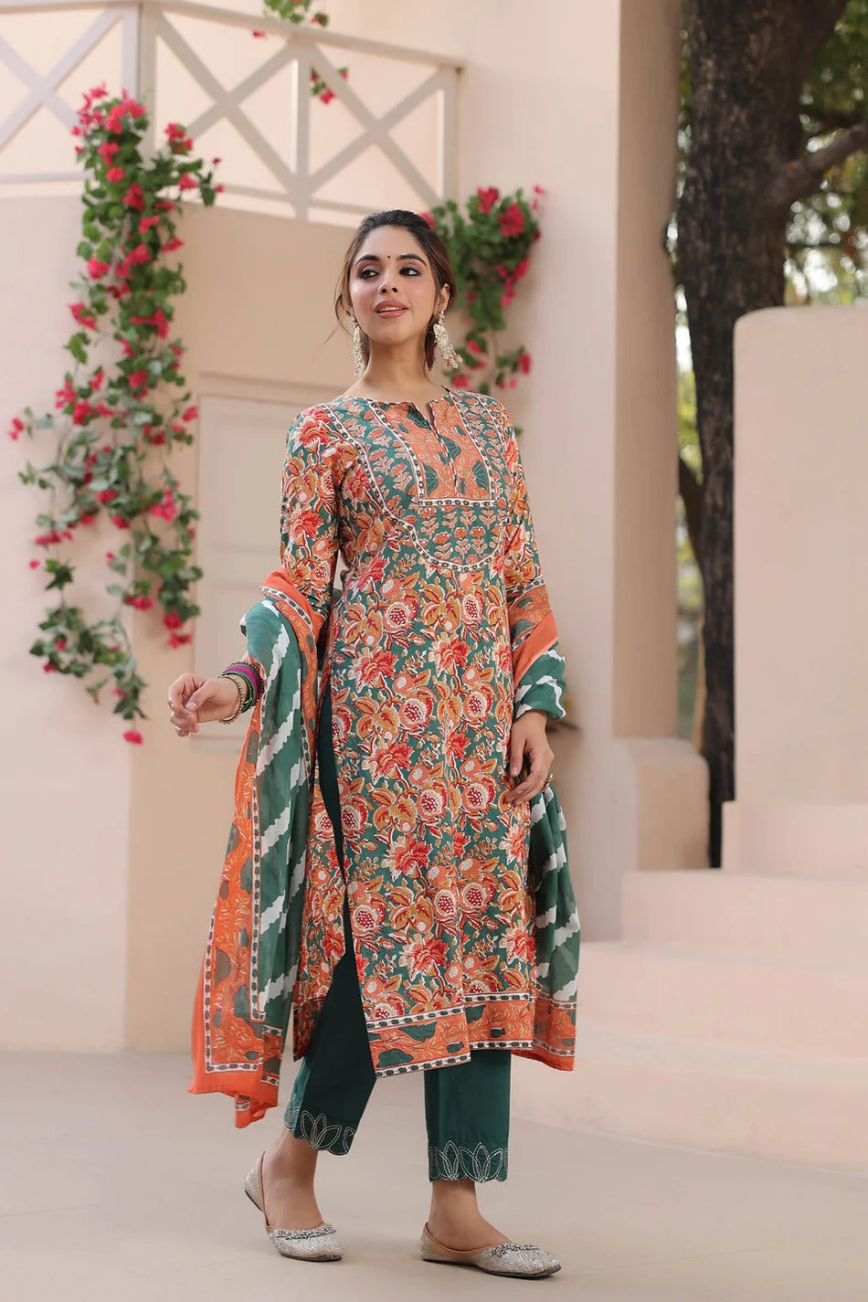 Rust Orange Floral Printed Kurta Set with Green Dupatta – Elegant Ethnic Festive Wear for Women