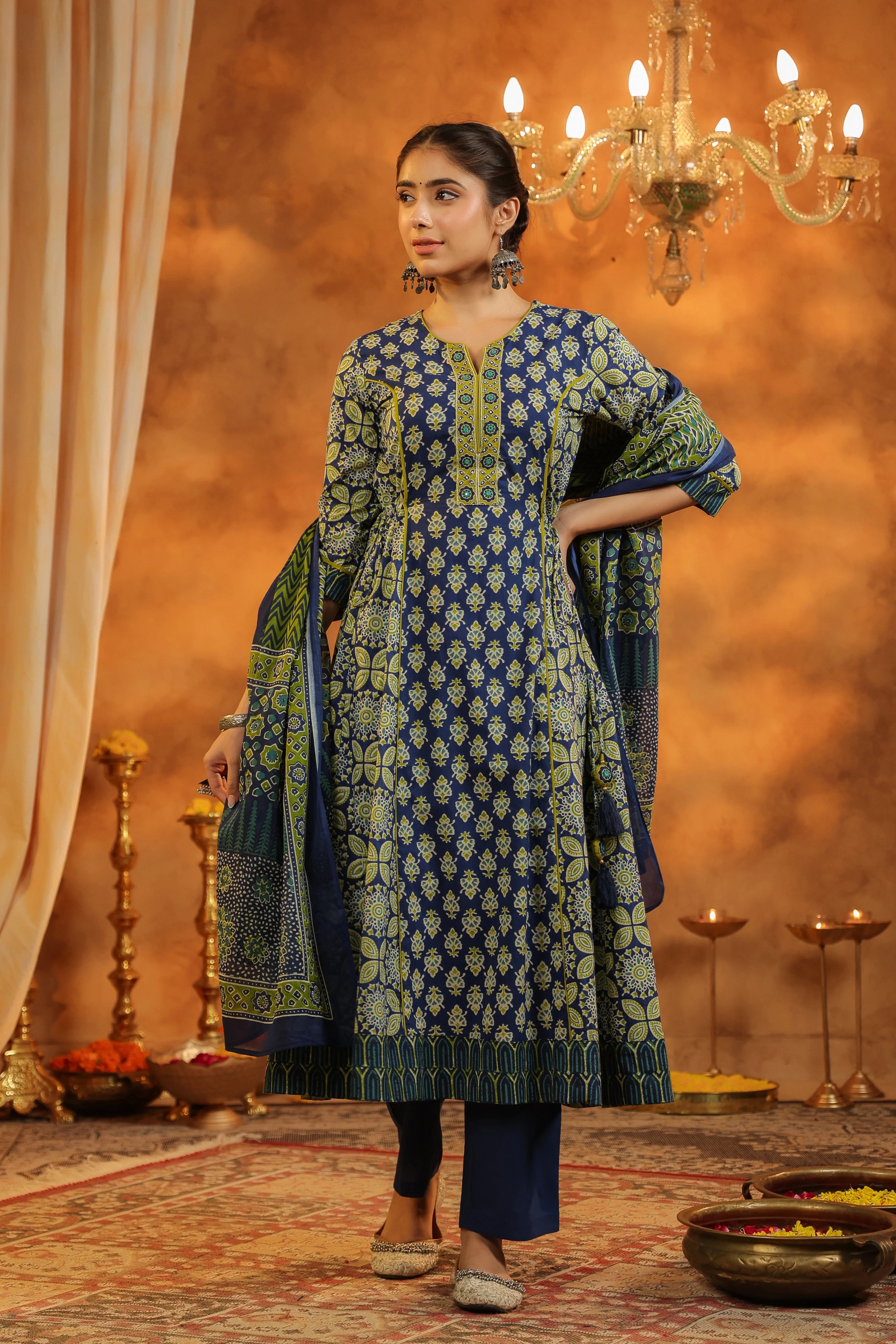 Navy Blue Traditional Printed Kurta Set with Dupatta – Elegant Ethnic Festive Wear for Women