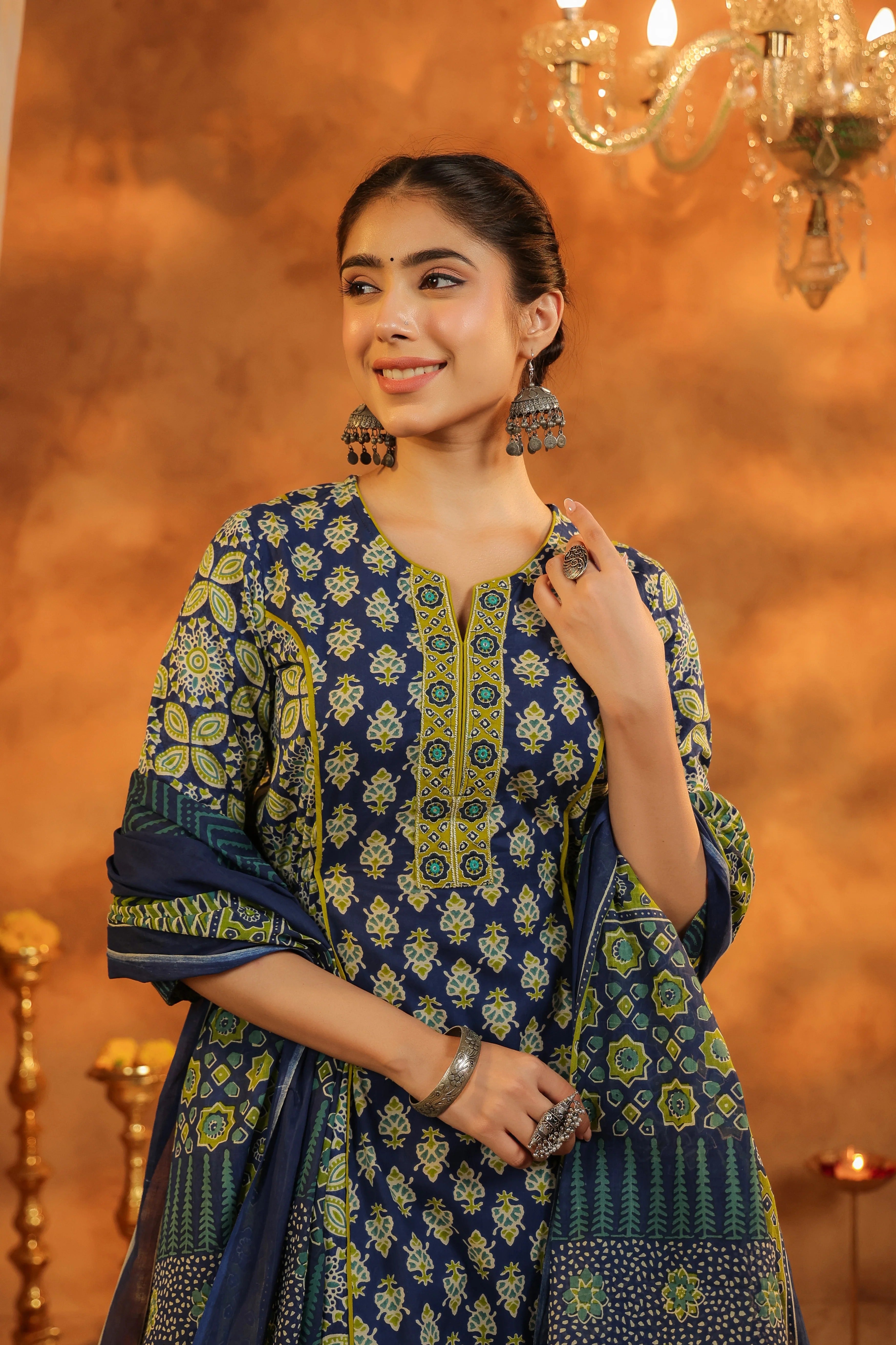 Navy Blue Traditional Printed Kurta Set with Dupatta – Elegant Ethnic Festive Wear for Women