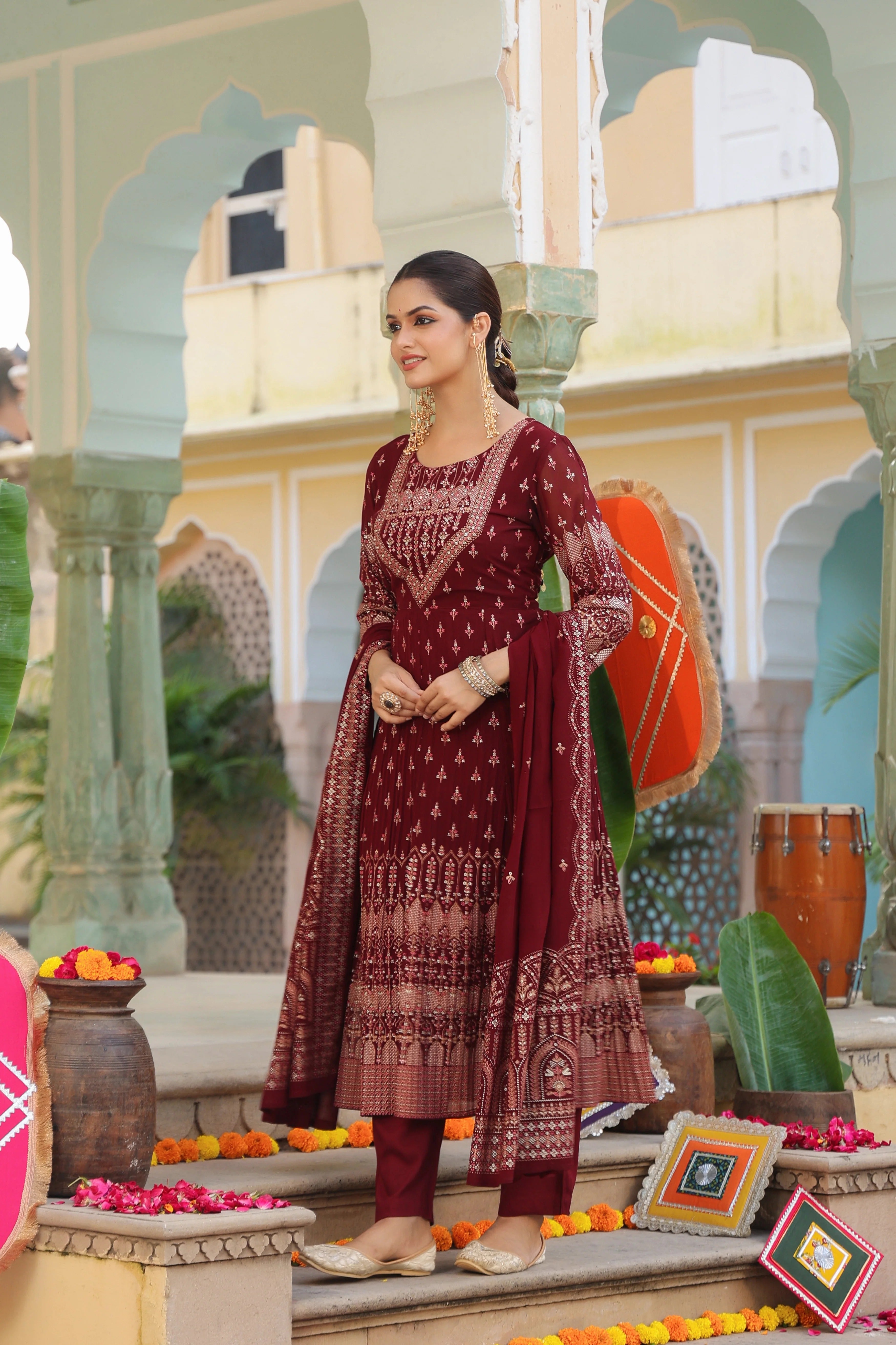 Maroon Embroidered Anarkali Kurta Set with Dupatta – Festive Designer Ethnic Wear for Women