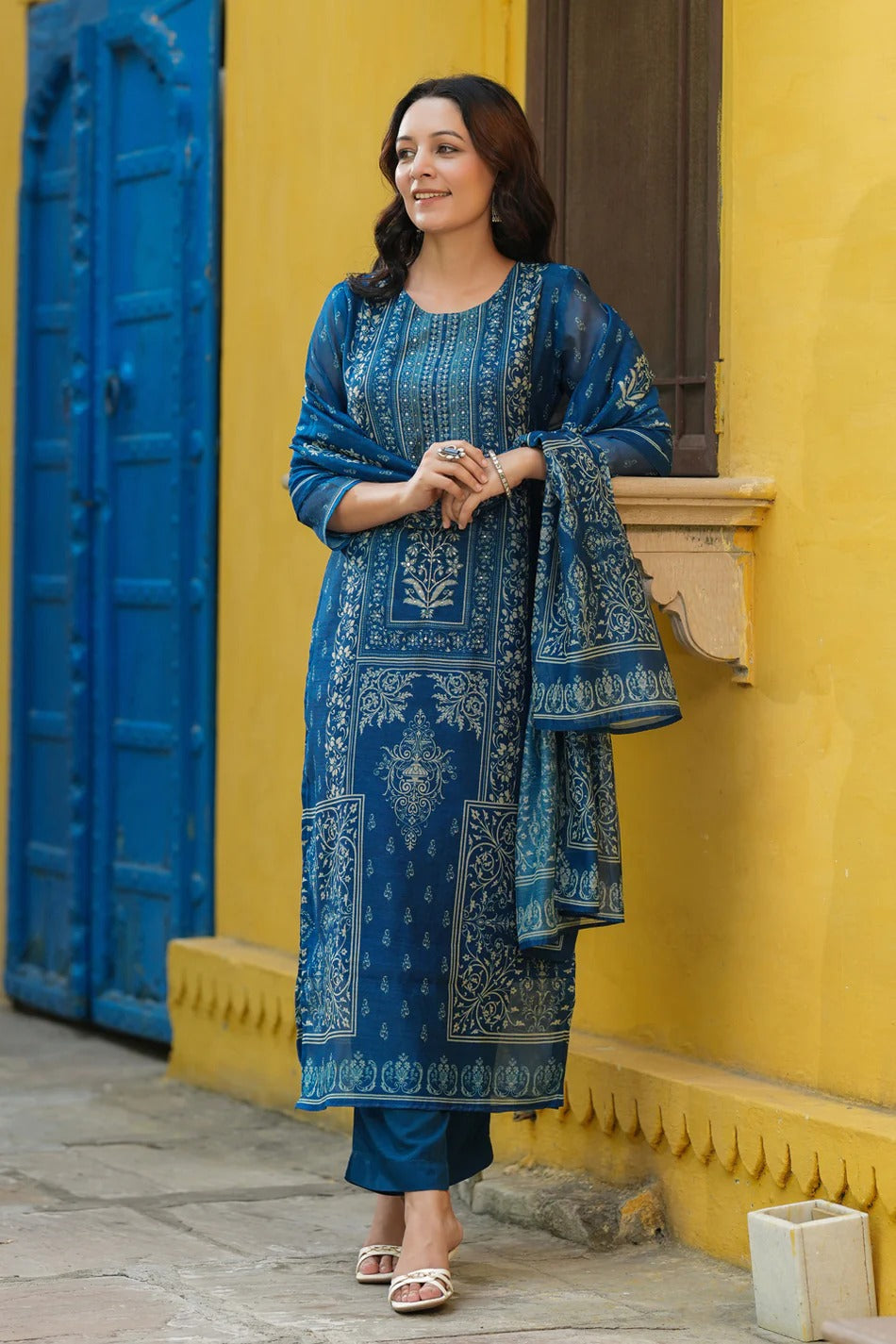 Royal Blue Traditional Printed Kurta Set with Dupatta – Elegant Ethnic Wear for Women