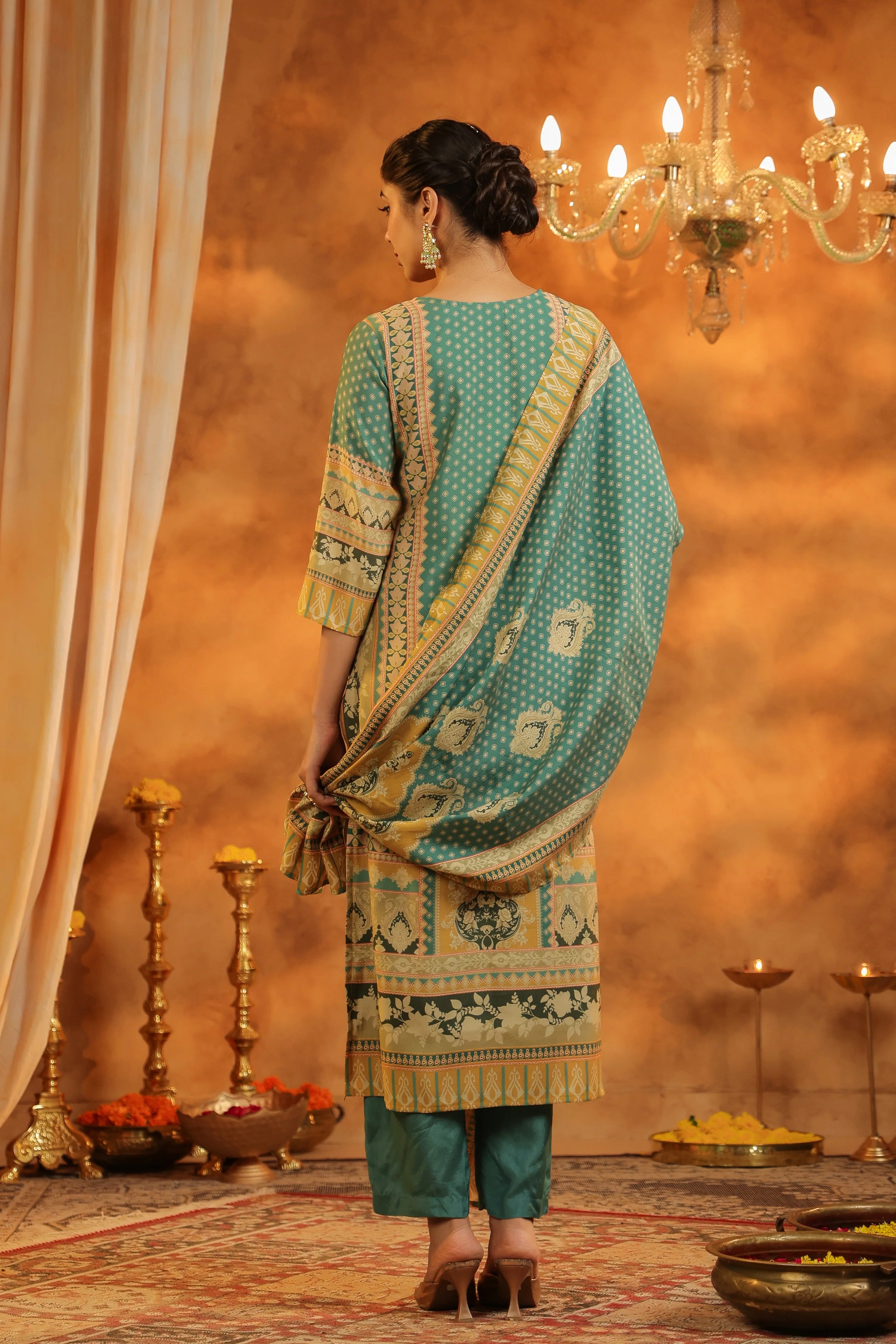 Teal Green Traditional Printed Kurta Set with Dupatta – Elegant Festive Ethnic Wear for Women