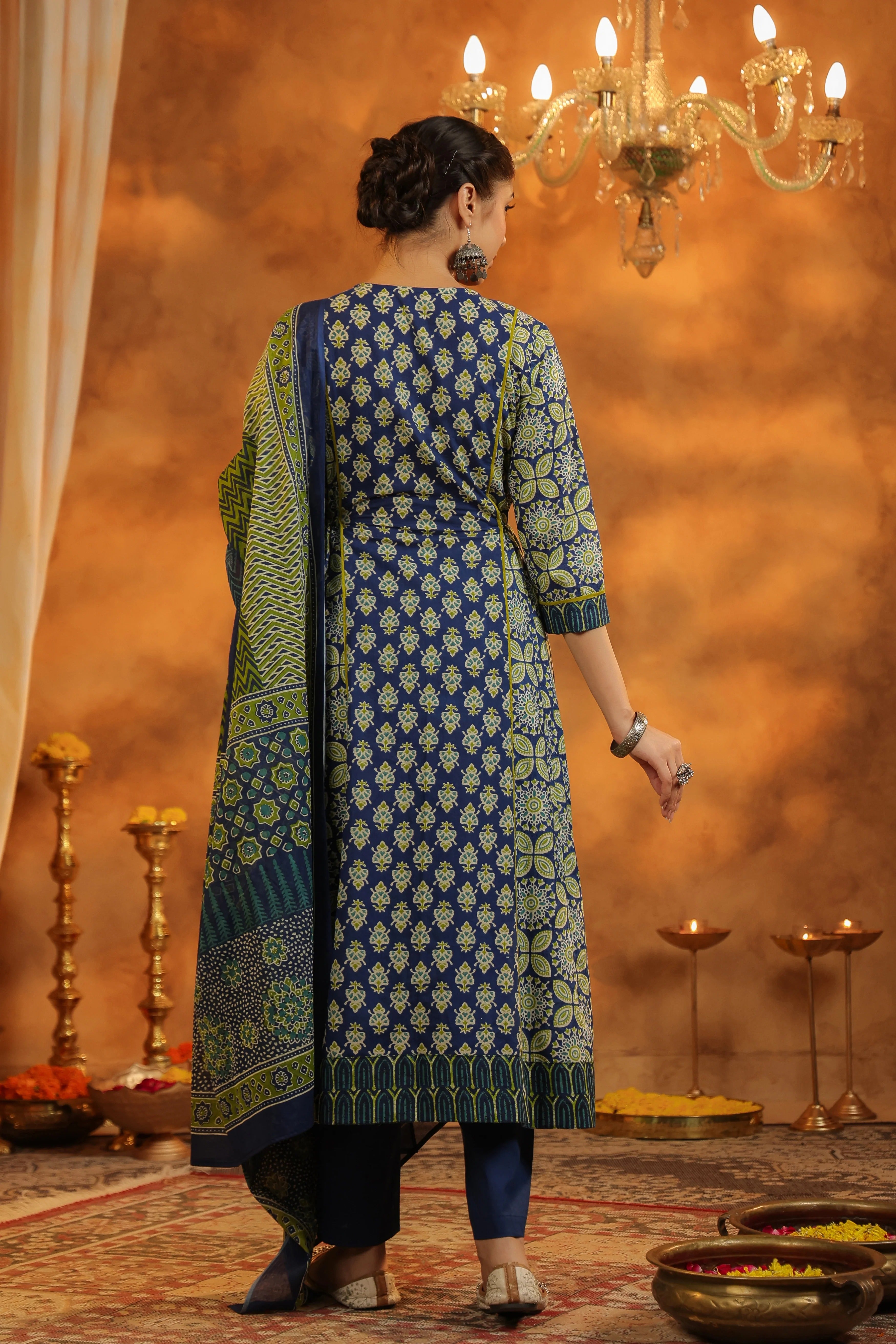 Navy Blue Traditional Printed Kurta Set with Dupatta – Elegant Ethnic Festive Wear for Women