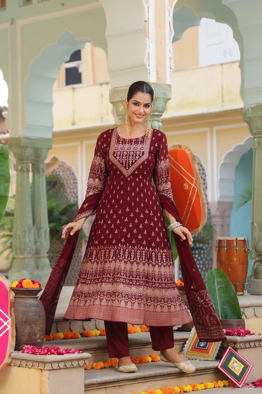 Maroon Embroidered Anarkali Kurta Set with Dupatta – Festive Designer Ethnic Wear for Women
