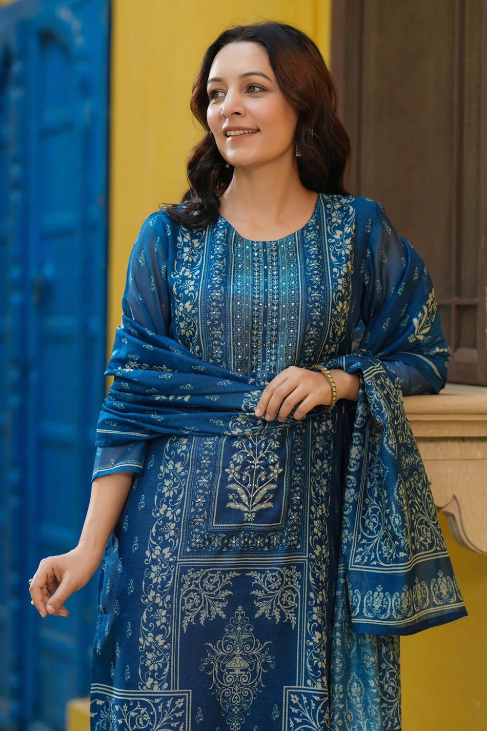 Royal Blue Traditional Printed Kurta Set with Dupatta – Elegant Ethnic Wear for Women