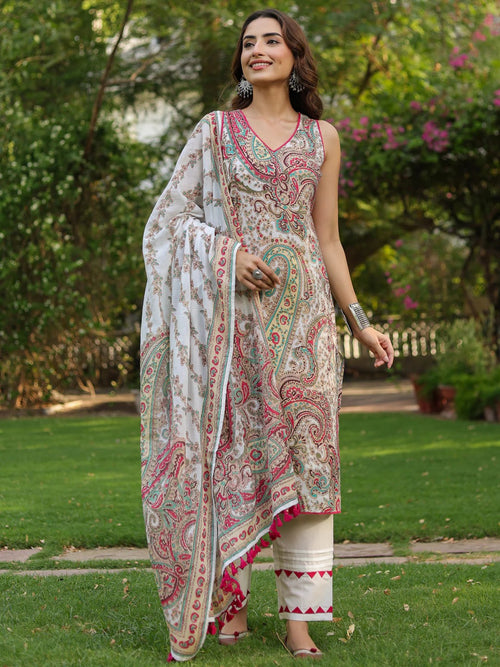 Ivory Paisley Printed Kurta Set with Dupatta – Elegant Ethnic Wear for Women