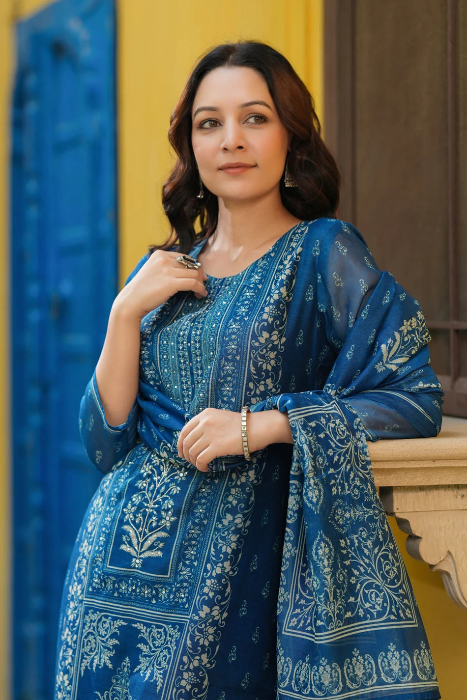 Royal Blue Traditional Printed Kurta Set with Dupatta – Elegant Ethnic Wear for Women