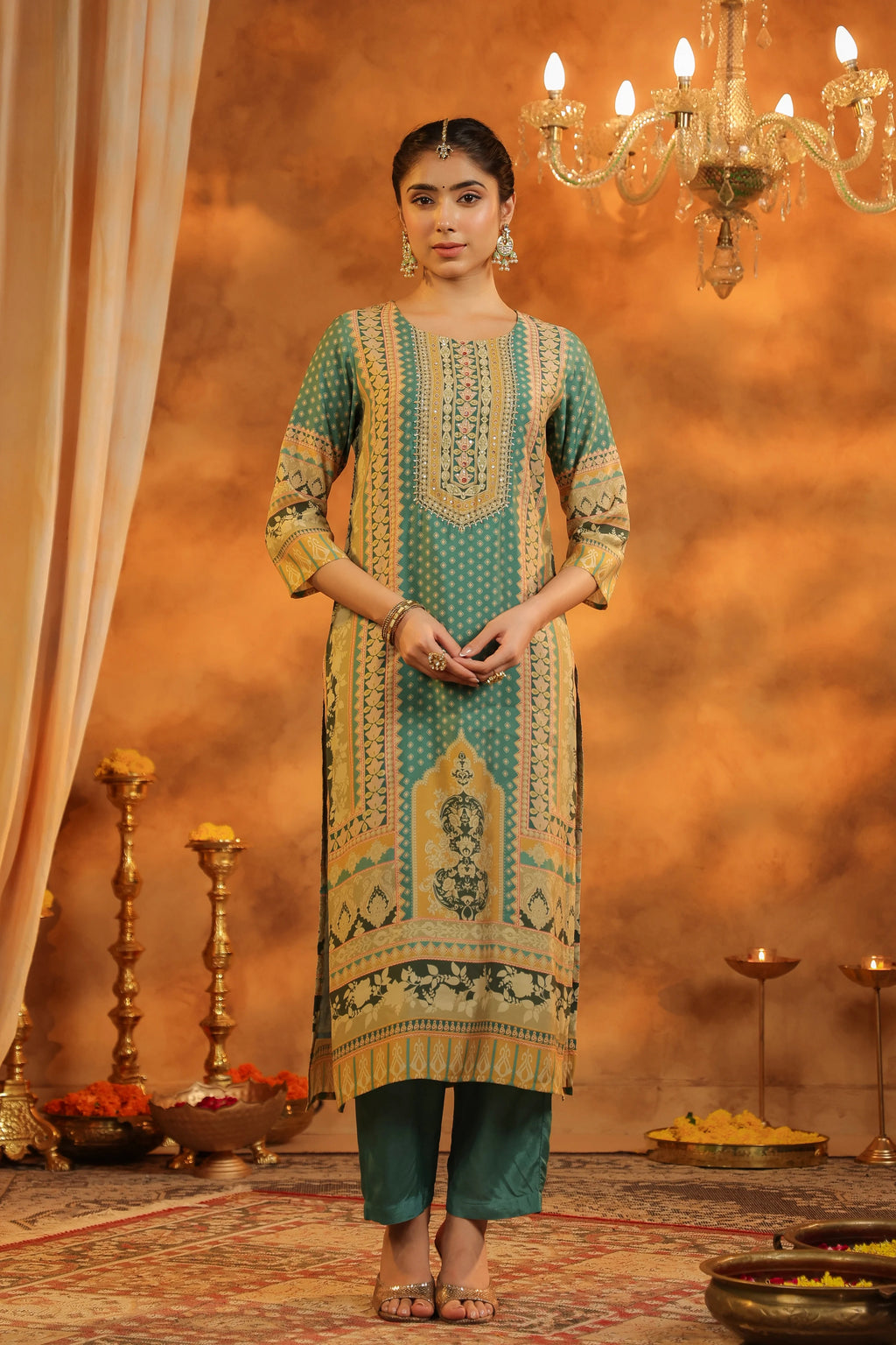Teal Green Traditional Printed Kurta Set with Dupatta – Elegant Festive Ethnic Wear for Women