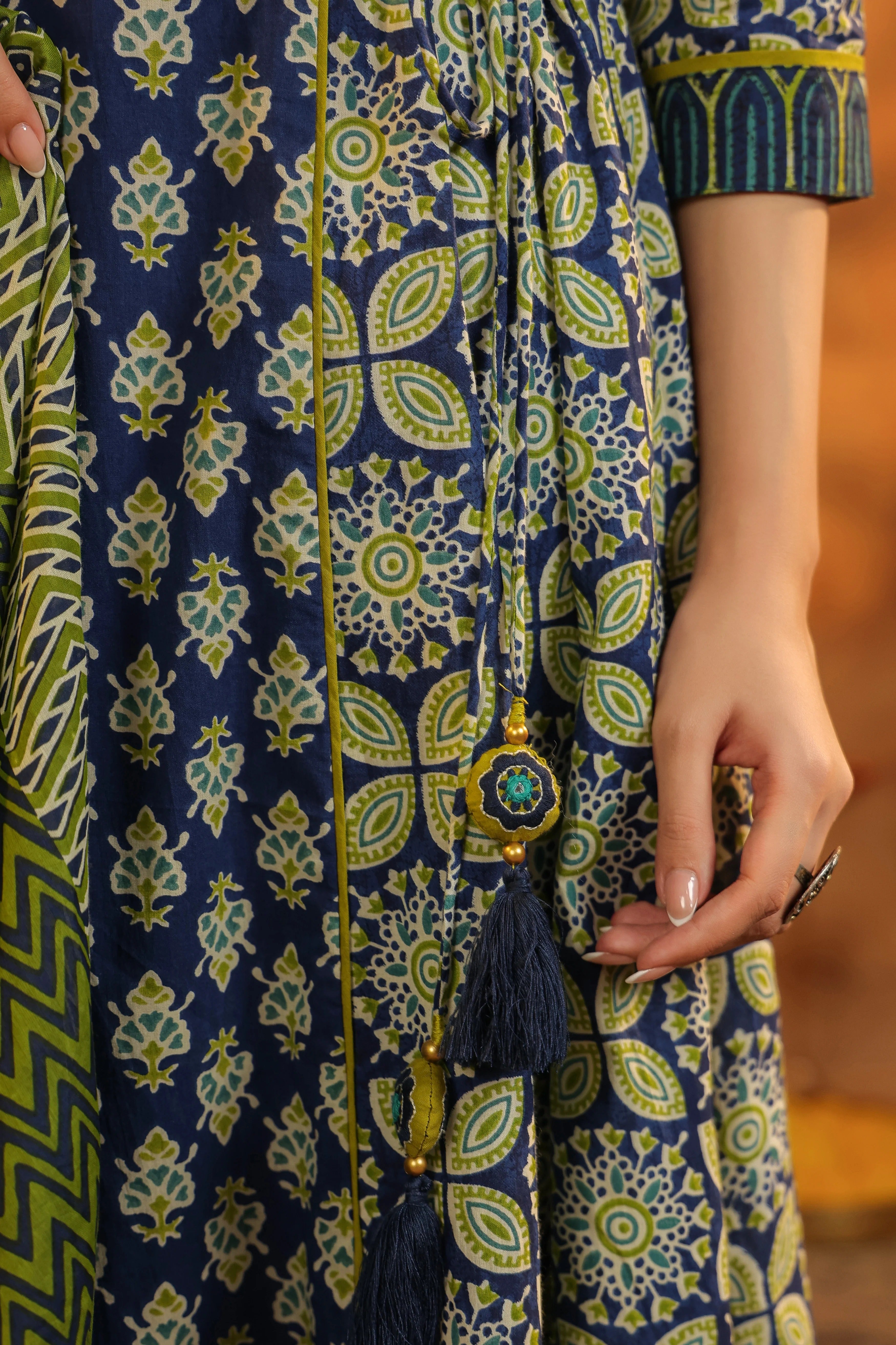 Navy Blue Traditional Printed Kurta Set with Dupatta – Elegant Ethnic Festive Wear for Women