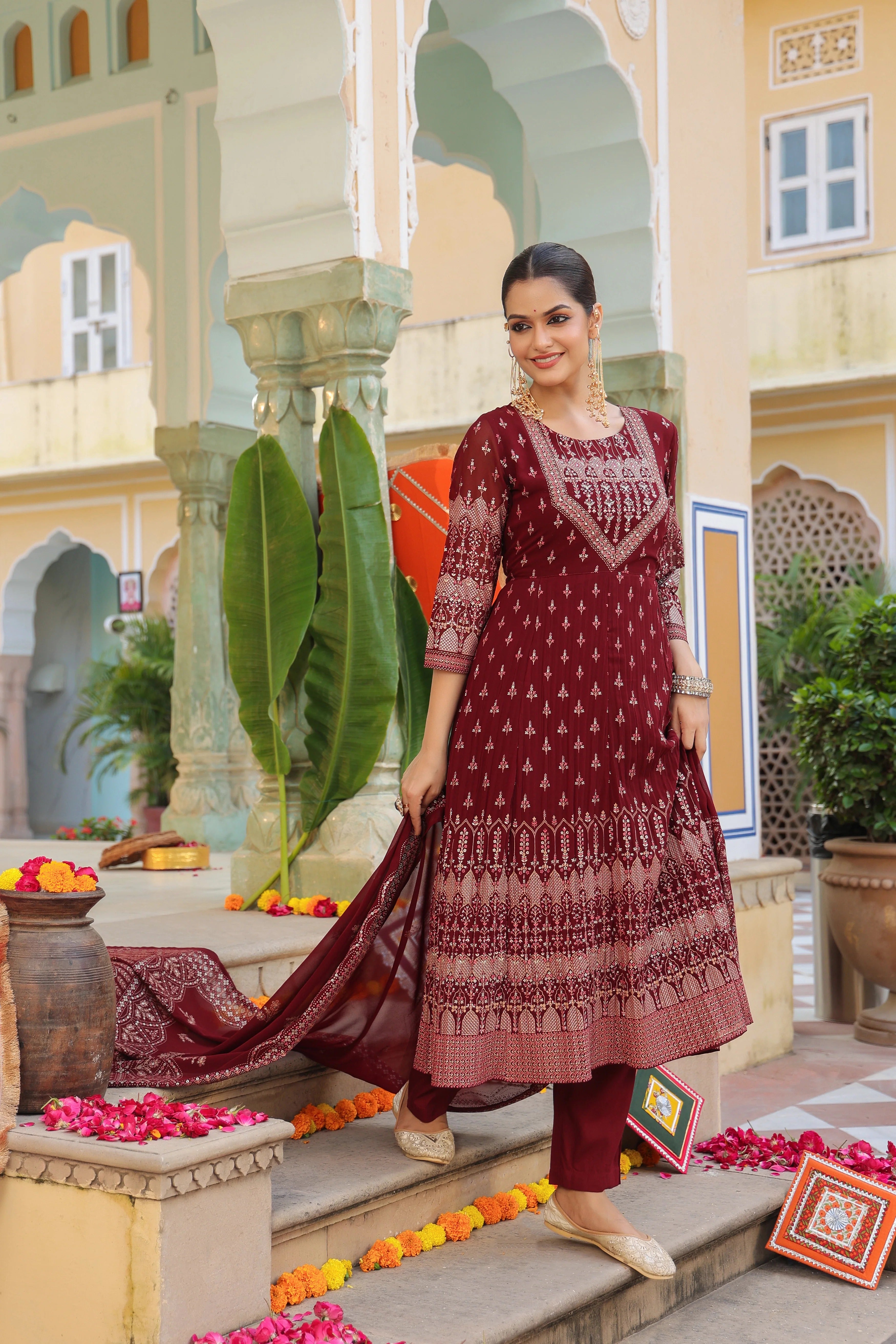 Maroon Embroidered Anarkali Kurta Set with Dupatta – Festive Designer Ethnic Wear for Women