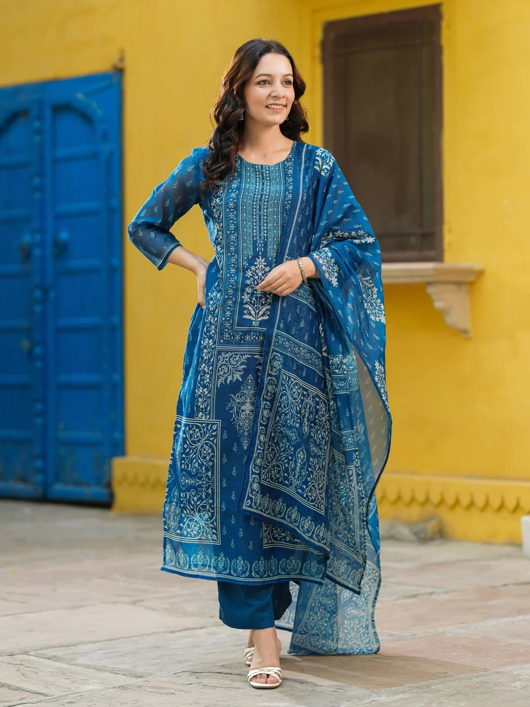 Royal Blue Traditional Printed Kurta Set with Dupatta – Elegant Ethnic Wear for Women