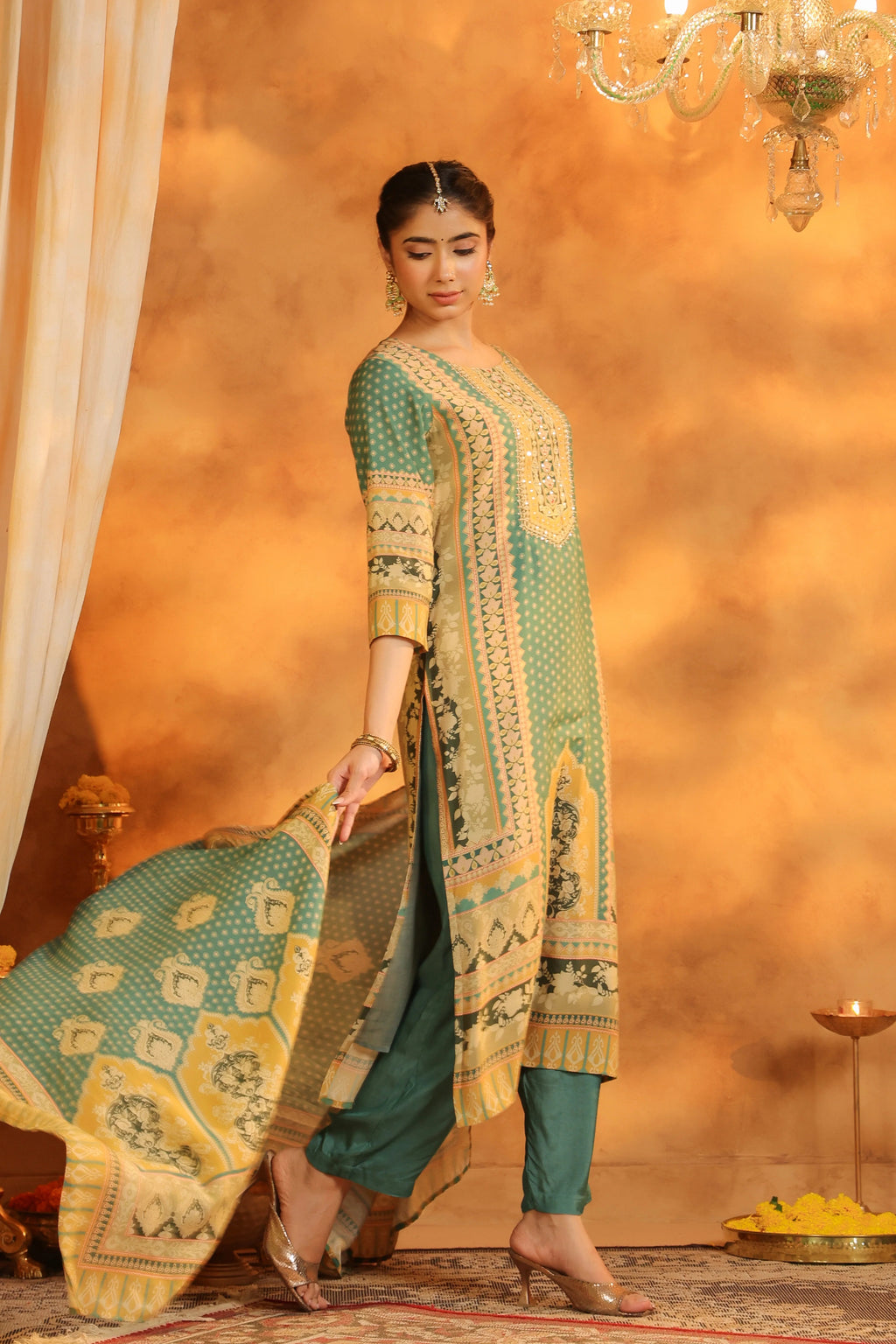 Teal Green Traditional Printed Kurta Set with Dupatta – Elegant Festive Ethnic Wear for Women