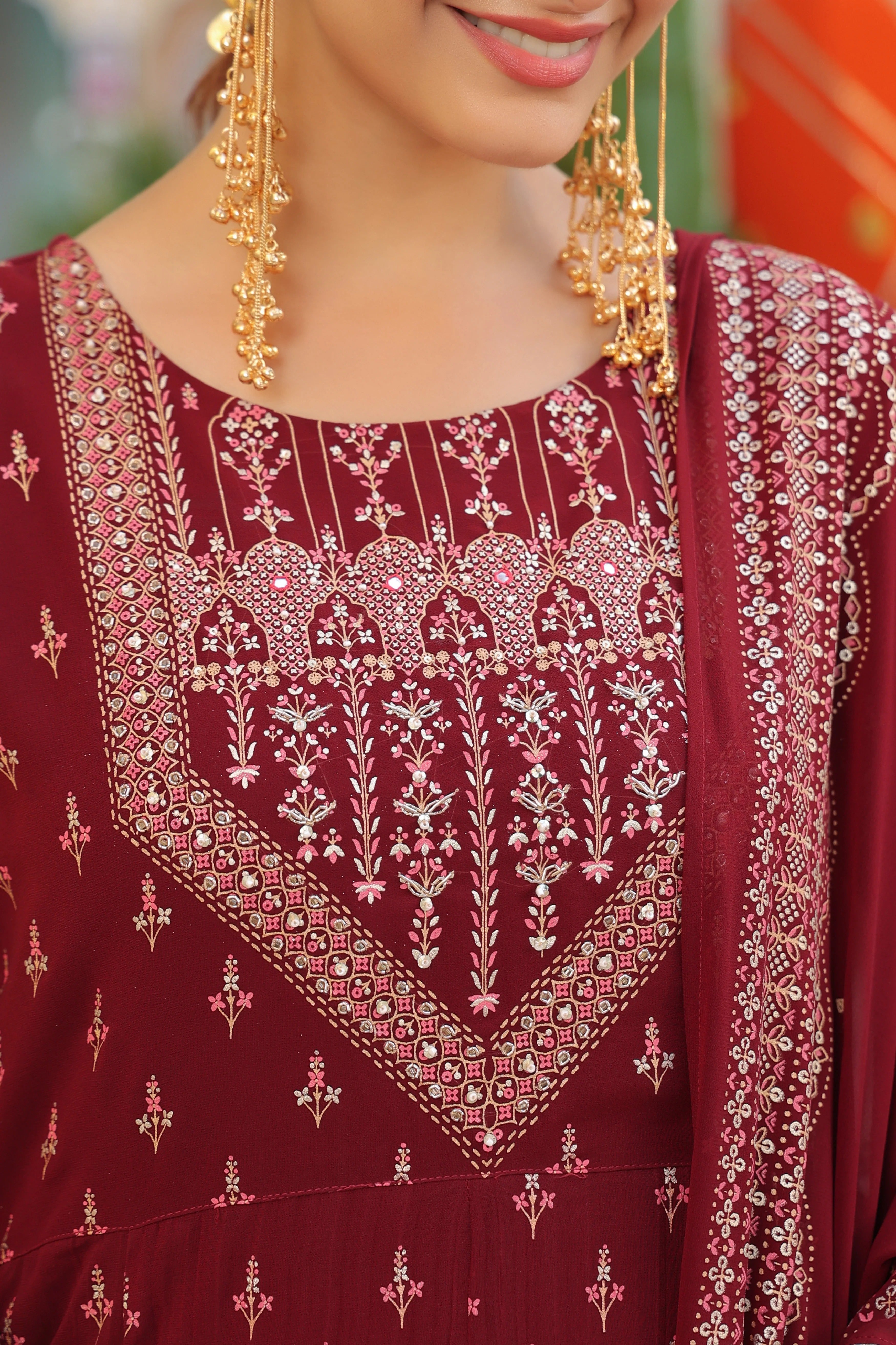 Maroon Embroidered Anarkali Kurta Set with Dupatta – Festive Designer Ethnic Wear for Women